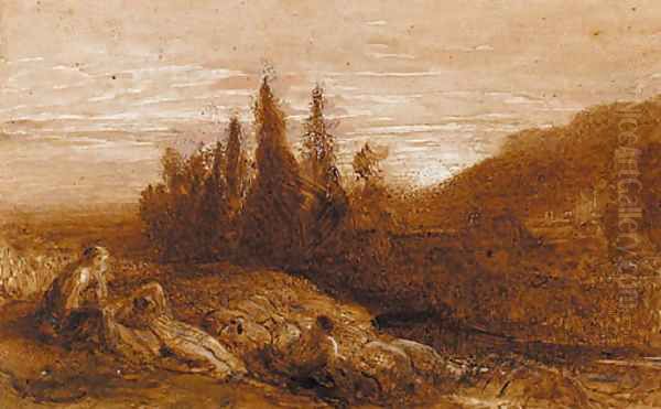 Figures resting on a bank above a river at sunset Oil Painting by Samuel Palmer