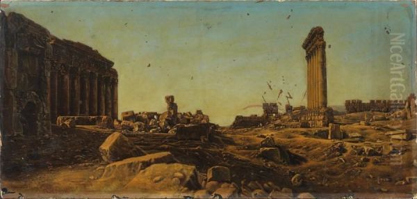 Panorama De Baalbeck, Templede Bacchus Et Les Six Colonnes Oil Painting by Gustave Le Gray