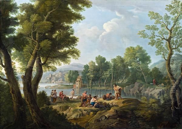 Sudliche Landschaft Mit Hirten Und Fischern An Einem Gewasser Oil Painting by Claude Lorrain (Gellee)