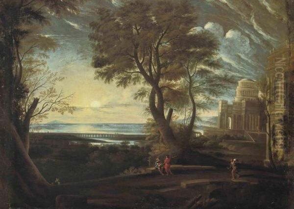 A Classical Landscape With Figures Resting On A Bridge Oil Painting by Claude Lorrain (Gellee)