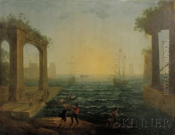 Harbor Scene With Figures And Classical Ruins Oil Painting by Claude Lorrain (Gellee)