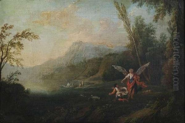 Archangel Raphael Comands Tobias To Catch The Fish. Oil Painting by Claude Lorrain (Gellee)