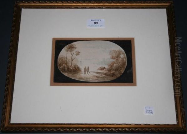 Coastal View With Twofigures Looking Out To A Hazy Sea Within A Feigned Oval Oil Painting by Claude Lorrain (Gellee)