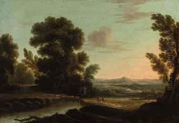 An Italianate River Landscape With Herdsmen With Their Cattlecrossing A Bridge Oil Painting by Claude Lorrain (Gellee)