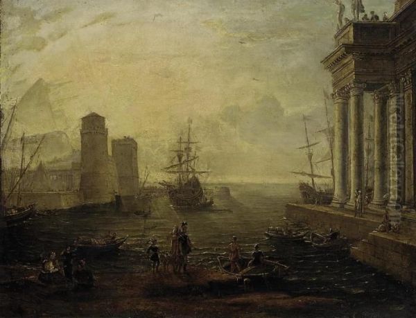 A Capriccio Of A Mediterranean Port With Classical Figures Atsunset Oil Painting by Claude Lorrain (Gellee)