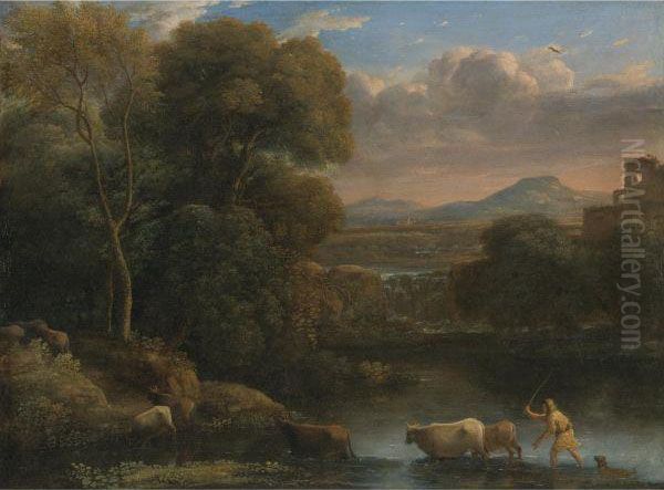 An Italianate Landscape With A 
Drover And His Dog Driving Hiscattle Across A Ford, A Waterfall Beyond Oil Painting by Claude Lorrain (Gellee)