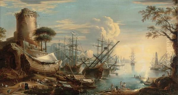 A Mediterranean Coastal Landsape With Shipping In A Harbour And Bathers On A Bank Oil Painting by Claude Lorrain (Gellee)