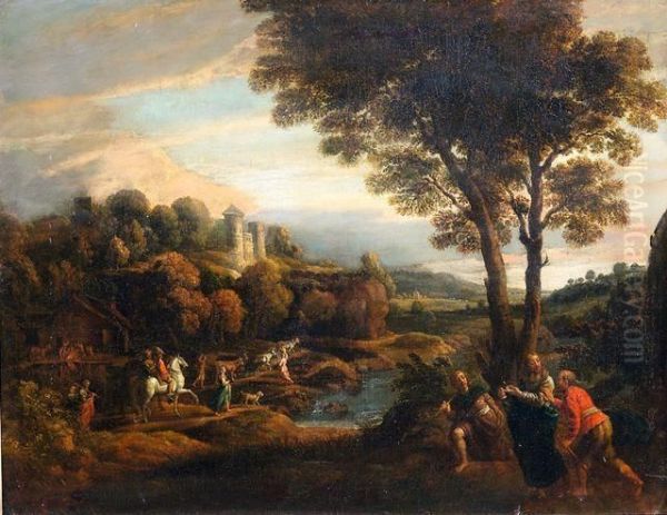 Bewaldete Flusslandschaft Mit Christi Gang Nach Emmaus Und Zahlreicher Figurenstaffage Oil Painting by Claude Lorrain (Gellee)