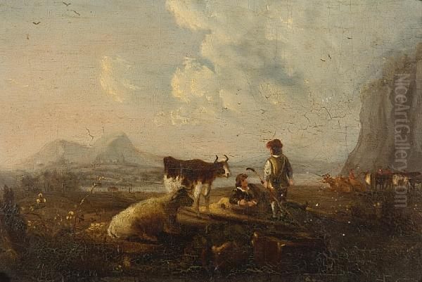 Cattle Watering At A Ford With Figures In An Extensive Landscape Oil Painting by Claude Lorrain (Gellee)