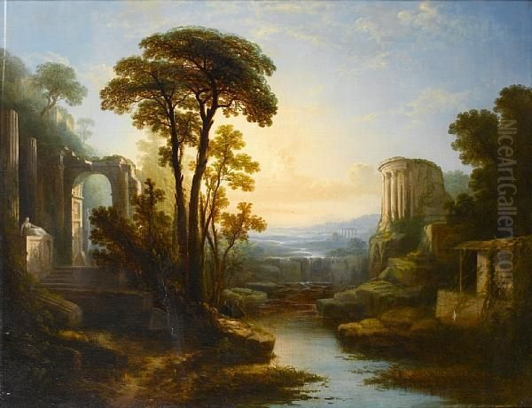 An Extensive Italianate Landscape With The Temple Of Vesta Beside A Waterfall Oil Painting by Claude Lorrain (Gellee)