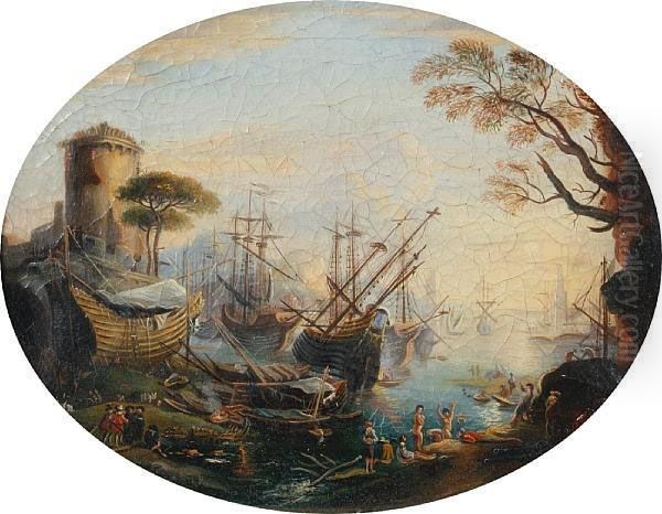 A Busy Harbour Scene Oil Painting by Claude Lorrain (Gellee)