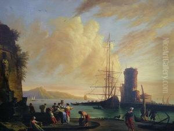 Figures In A Mediterranean Harbour At Sunset Oil Painting by Claude Lorrain (Gellee)