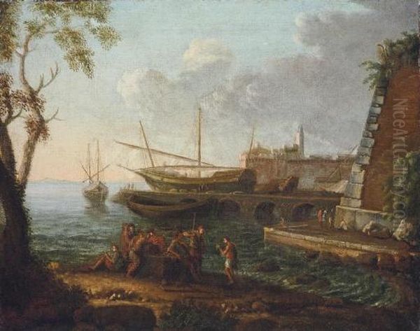 A Coastal Landscape With Fishing Boats Moored, A Town Beyond Oil Painting by Claude Lorrain (Gellee)