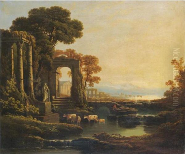 An Extensive River Landscape With Classical Ruins Oil Painting by Claude Lorrain (Gellee)