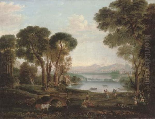 An Italianate River Landscape 
With Figures Dancing And Making Music On A Bank, A Town Beyond Oil Painting by Claude Lorrain (Gellee)