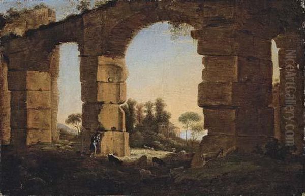 An Italianate Evening Landscape With A Shepherd And His Flock By A Ruined Aqueduct Oil Painting by Claude Lorrain (Gellee)