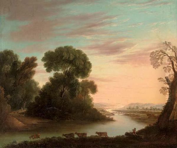 A Wooded River Landscape With A Drover Under A Tree, His Cattle Beyond Oil Painting by Claude Lorrain (Gellee)