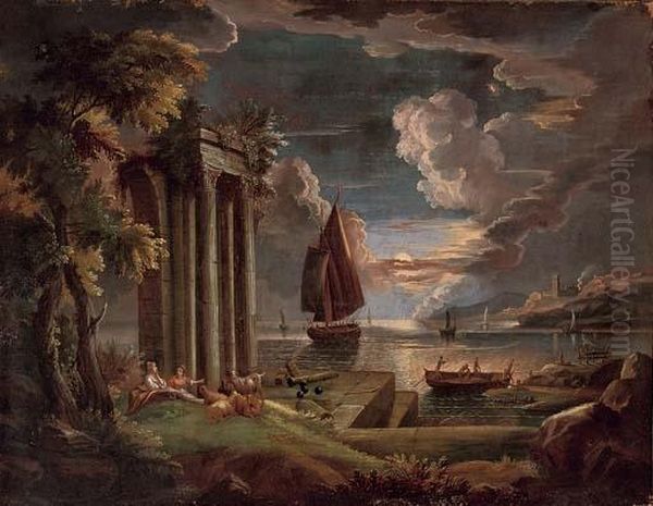 A Mediterranean Coastal 
Landscape At Twilight With Shepherdesses And Their Goats At Rest By 
Classical Ruins, Shipping Beyond Oil Painting by Claude Lorrain (Gellee)