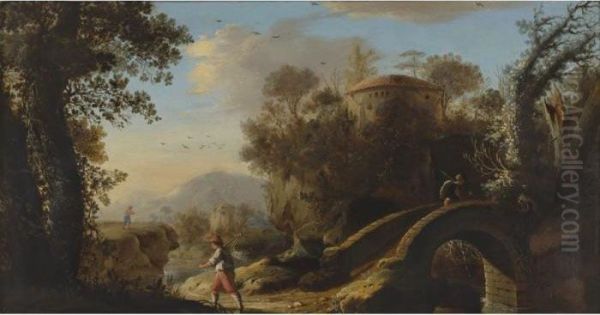 An Italianate Landscape With Figures; A Footbridge And Classical Ruins Beyond Oil Painting by Claude Lorrain (Gellee)