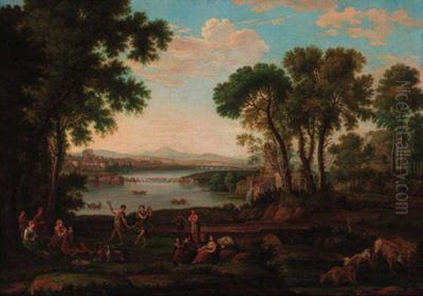 Figures Dancing In A Classical Landscape Oil Painting by Claude Lorrain (Gellee)