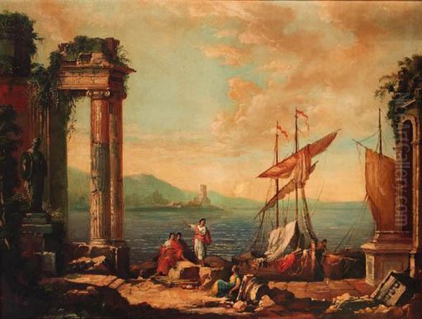 Figures Resting By A Ruined Temple On A Quay Oil Painting by Claude Lorrain (Gellee)