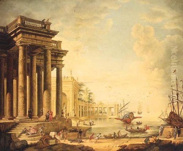 A Neoclassical Capriccio Of Figures On A Quay By A Loggia Oil Painting by Claude Lorrain (Gellee)