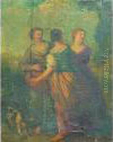 Trois Jeunes Femmes Se Promenant Oil Painting by Francois Lemoine (see Lemoyne)