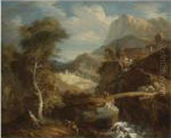 Extensive Mountainous Landscape With Travelers Crossing A Ravine Oil Painting by Francois Lemoine (see Lemoyne)