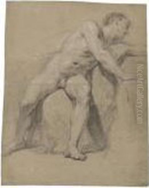 Seated Academy Nude Turning To The Right Oil Painting by Francois Lemoine (see Lemoyne)