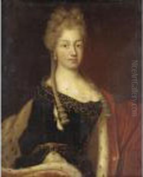 Portrait Of A Lady, Half Length,
 Wearing A Blue Dress And Ermine Gown Said To Be Maria Luisa Of Savoy 
(1688-1714) Oil Painting by Francois Lemoine (see Lemoyne)