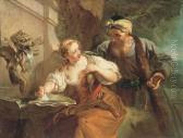 La Proposition Indecente: Une Jeune Femme Lavant Du Linge Courtisee Par Un Homme Age Oil Painting by Francois Lemoine (see Lemoyne)