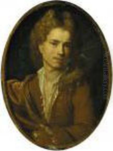 Portrait Of The Artist, 
Half-length, Wearing A Gold Embroidered Tan Frock-coat And White Shirt Oil Painting by Francois Lemoine (see Lemoyne)