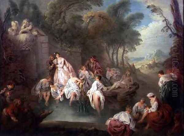 Bathing Party in a Park, 1730s Oil Painting by Jean-Baptiste Joseph Pater