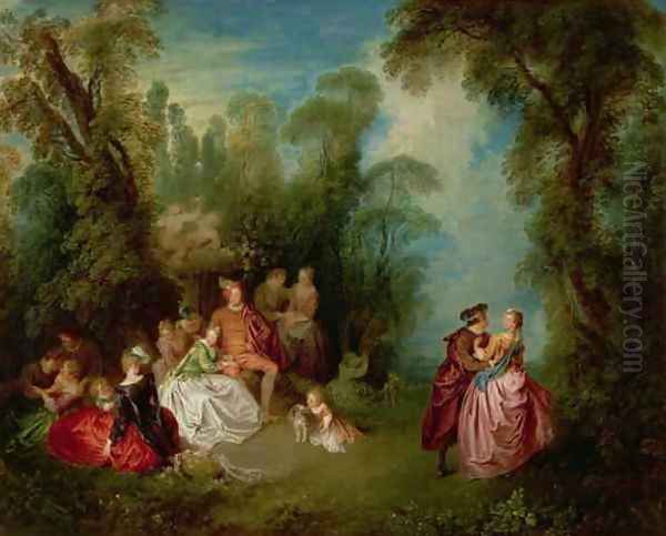 Conversation Galante by a Fountain, 1720s Oil Painting by Jean-Baptiste Joseph Pater