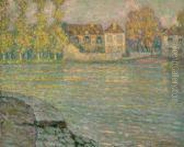 Maisons Sur La Riviere Au Soleil Couchant, Moret Oil Painting by Henri Eugene Augustin Le Sidaner