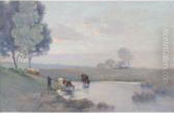 Troupeau S'abreuvant, Etaples Oil Painting by Henri Eugene Augustin Le Sidaner