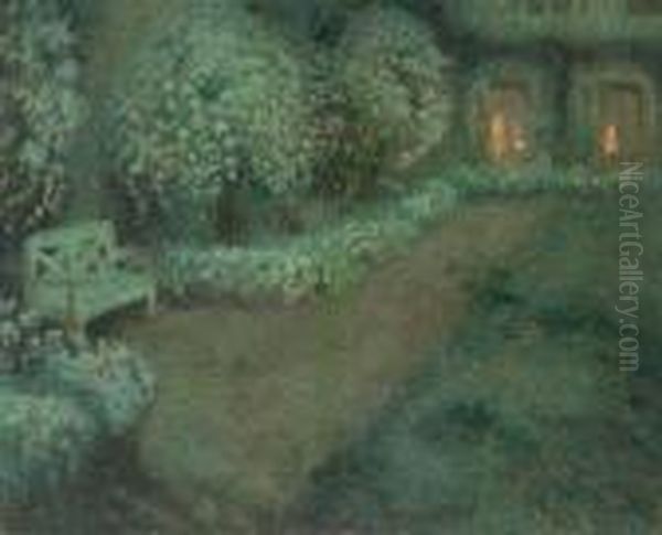 Le Jardin Blanc Au Clair De Lune, Gerberoy Oil Painting by Henri Eugene Augustin Le Sidaner