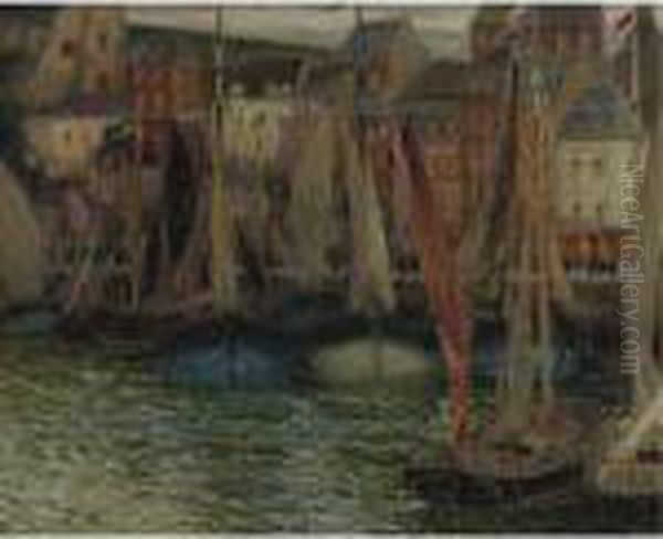 Bateaux A Treport Oil Painting by Henri Eugene Augustin Le Sidaner