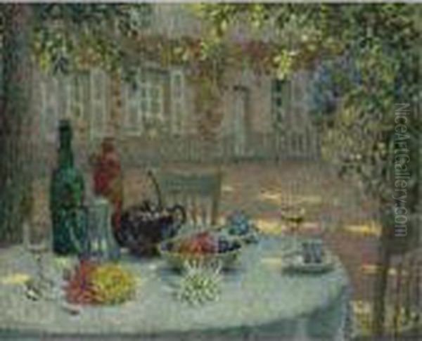 La Table Aux Dahlias Oil Painting by Henri Eugene Augustin Le Sidaner