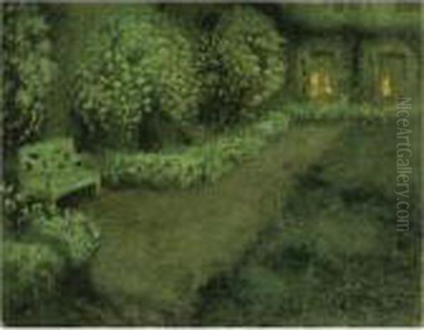 Le Jardin Blanc Au Clair De Lune, Gerberoy Oil Painting by Henri Eugene Augustin Le Sidaner