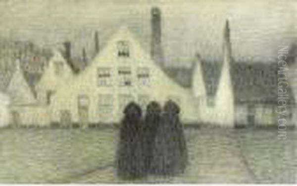 Beguinage Avec Vieilles Femmes, Bruges Oil Painting by Henri Eugene Augustin Le Sidaner