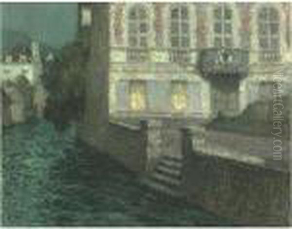 Maison Sur La Riviere Au Clair De Lune Oil Painting by Henri Eugene Augustin Le Sidaner