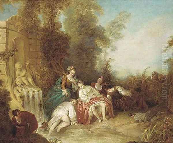 Ladies bathing at a fountain with onlookers by a fence Oil Painting by Jean-Baptiste Joseph Pater