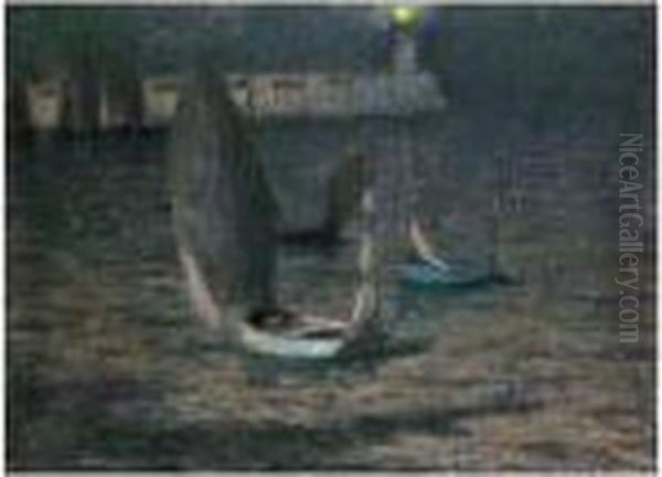 Les Barques Au Clair De Lune, Le Treport Oil Painting by Henri Eugene Augustin Le Sidaner