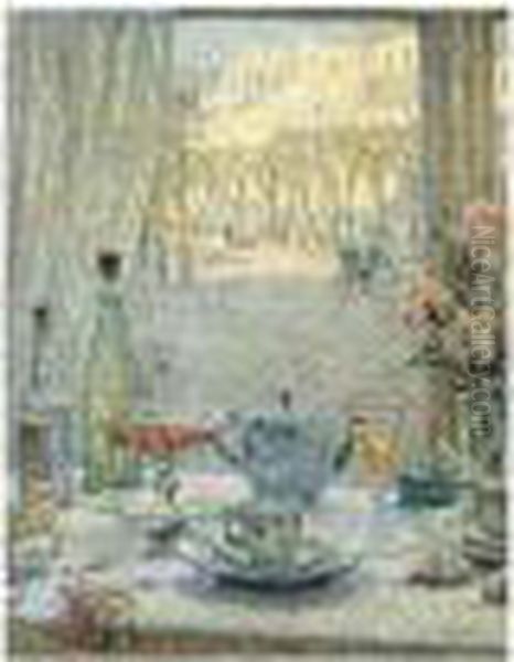 La Table Pres De La Fenetre. Reflets Oil Painting by Henri Eugene Augustin Le Sidaner