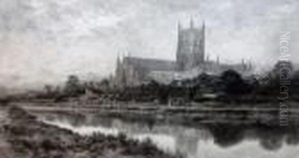 Worcester Cathedral From The River Oil Painting by Benjamin Williams Leader