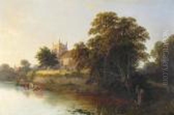 River Landscape With Cattle Watering Near A Church Oil Painting by Benjamin Williams Leader