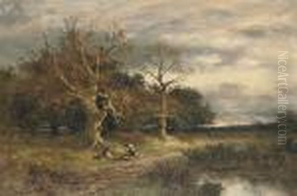 An Autumn Evening Oil Painting by Benjamin Williams Leader