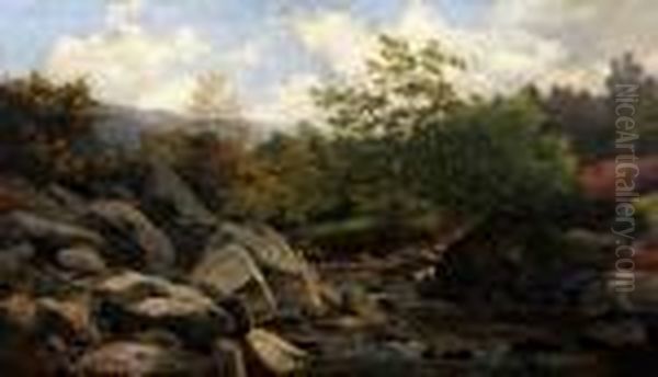 An Extensive Rocky River Landscape Oil Painting by Benjamin Williams Leader