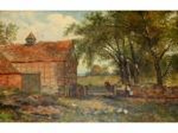 Two Poultry Keepers Near A Barn Oil Painting by Benjamin Williams Leader